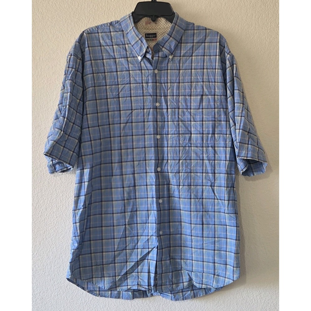 Haggar Forever New Shirt Sz XLT Blue Plaid Button Up Casual 100% Cotton